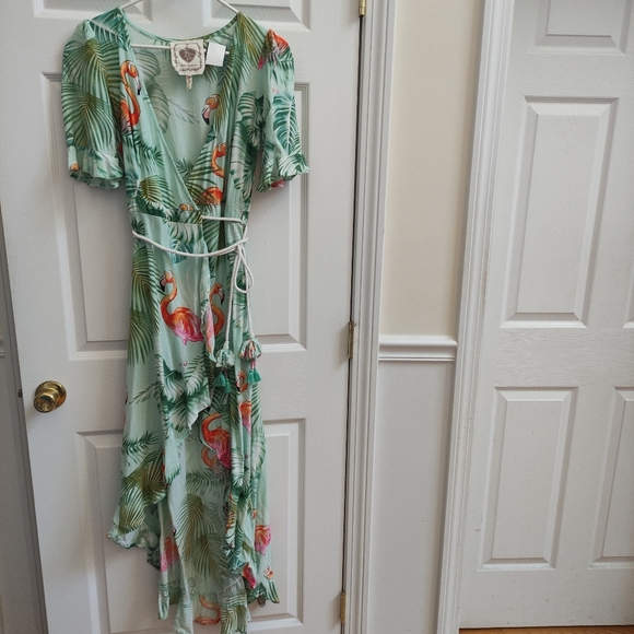 Z&L Europe Flamingo High Low Wrap Dress Women's XS ruffle palm tropical - Picture 3 of 13